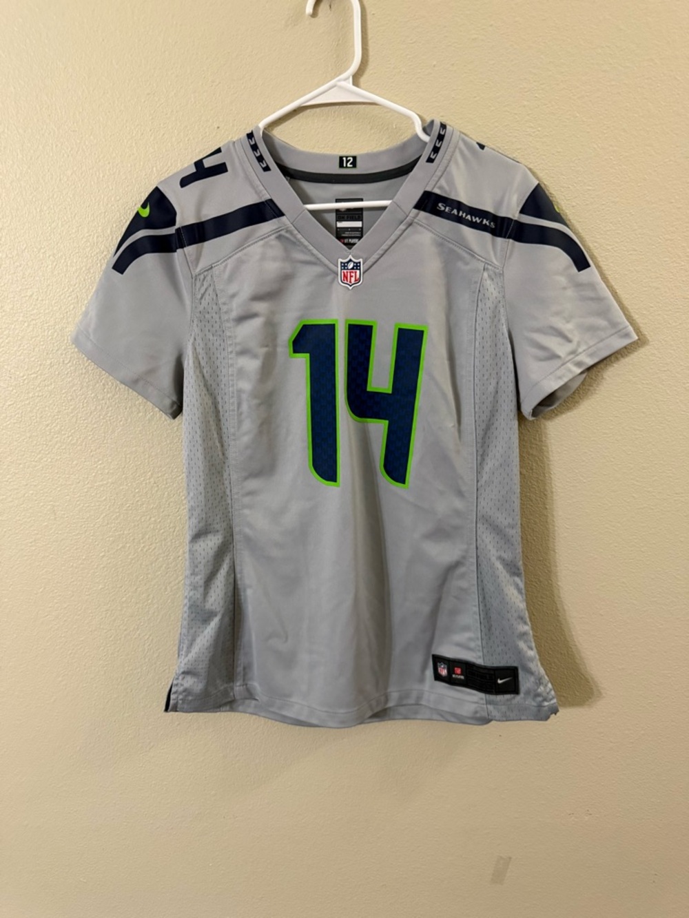 Nike Women's Seattle Seahawks Gray and Navy #14 Jersey with Lime Accents